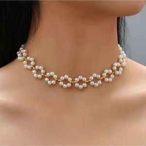 Flower Shape Braid Necklace Faux Pearls Short Choker Necklace